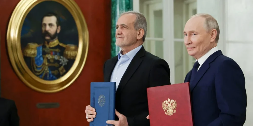 Російські реактивні безпілотники «Герань» на тлі прапорів Ірану та РФ